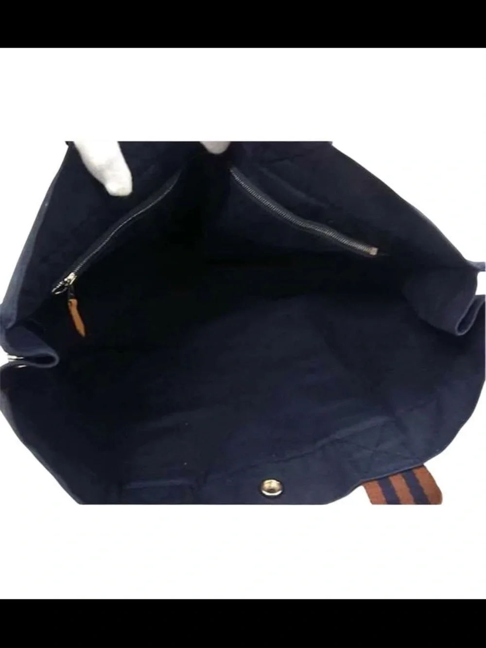 Hermes Navy Canvas Tote with Brown Striped Web Handles